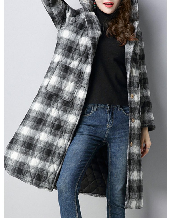 Women Plaid Pockets Button Thicken Hooded Long SleeveThicken Coats