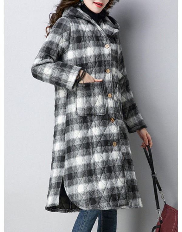 Women Plaid Pockets Button Thicken Hooded Long SleeveThicken Coats