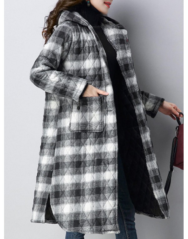 Women Plaid Pockets Button Thicken Hooded Long SleeveThicken Coats