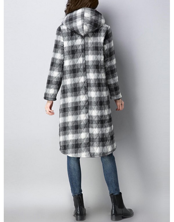 Women Plaid Pockets Button Thicken Hooded Long SleeveThicken Coats