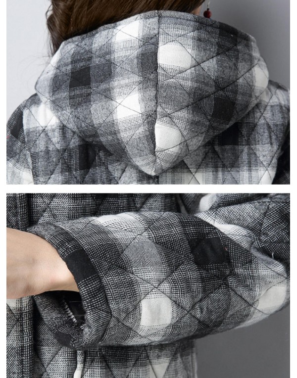 Women Plaid Pockets Button Thicken Hooded Long SleeveThicken Coats