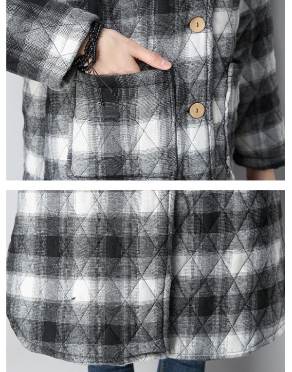 Women Plaid Pockets Button Thicken Hooded Long SleeveThicken Coats