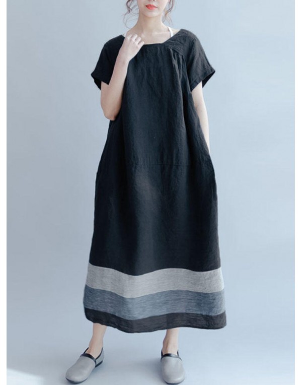 Casual Women Short Sleeve Striped Baggy Maxi Dress