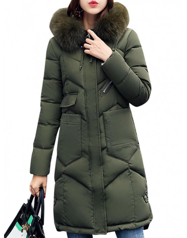 Casual Women Faux Fur Hooded Pocket Thicken Down Coats