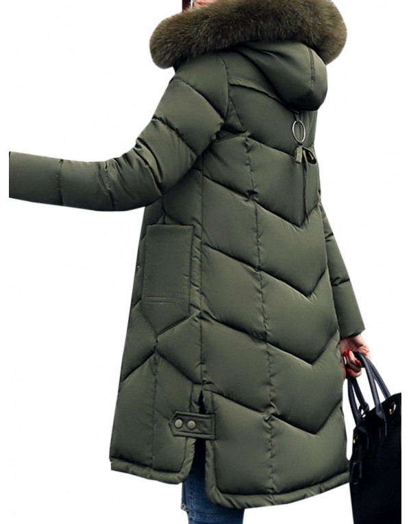 Casual Women Faux Fur Hooded Pocket Thicken Down Coats