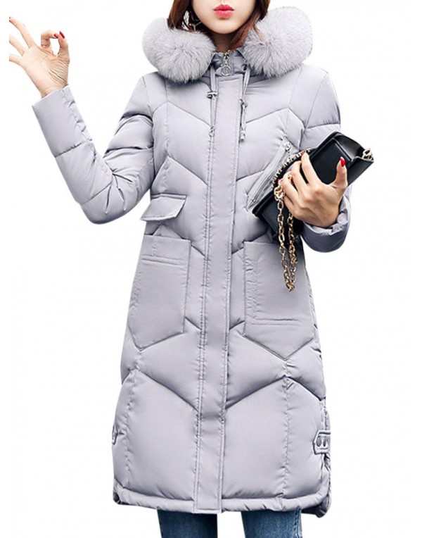 Casual Women Faux Fur Hooded Pocket Thicken Down Coats