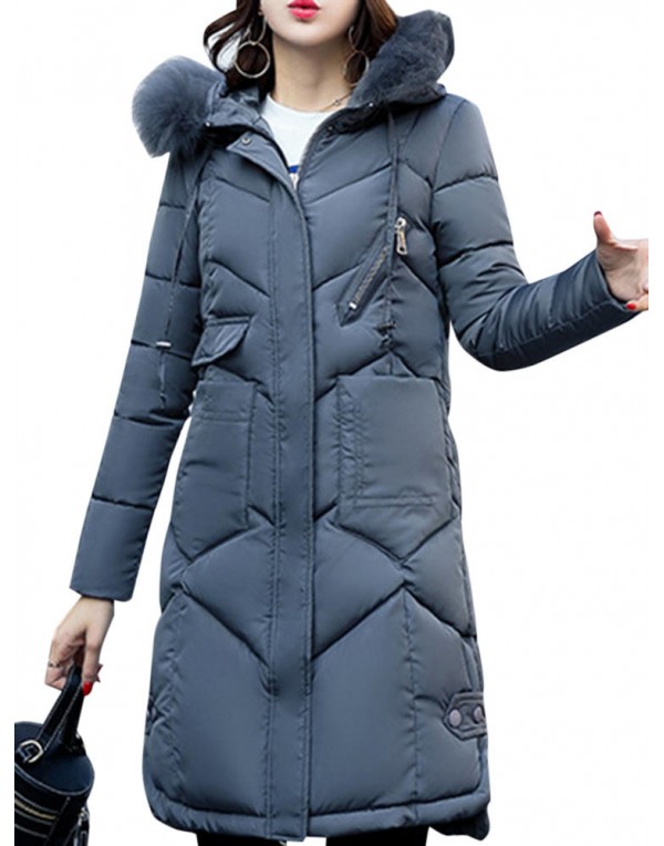 Casual Women Faux Fur Hooded Pocket Thicken Down Coats