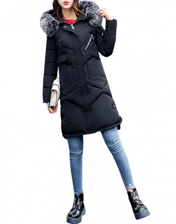 Casual Women Faux Fur Hooded Pocket Thicken Down Coats