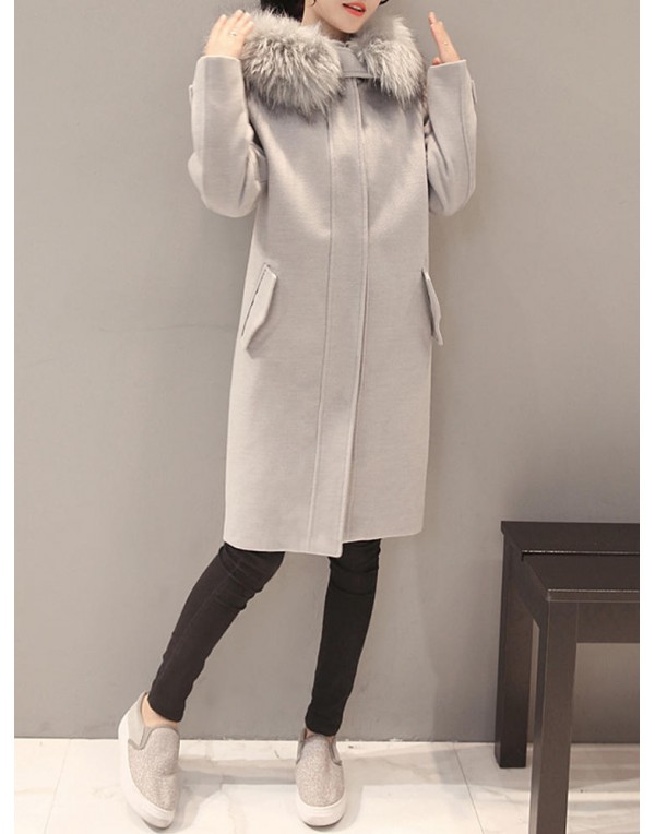 Elegant Women Faux Fur Hooded Thicken Woolen Mid-long Coats