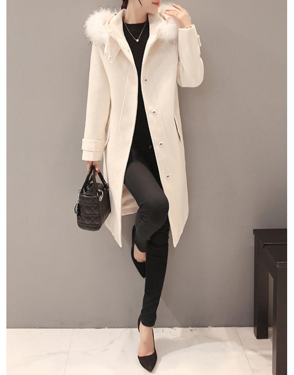 Elegant Women Faux Fur Hooded Thicken Woolen Mid-long Coats