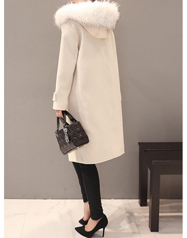 Elegant Women Faux Fur Hooded Thicken Woolen Mid-long Coats