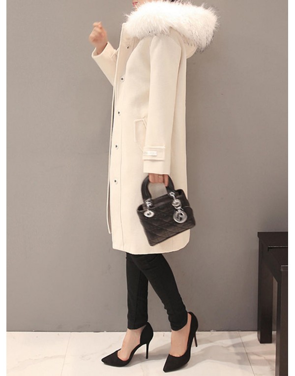 Elegant Women Faux Fur Hooded Thicken Woolen Mid-long Coats