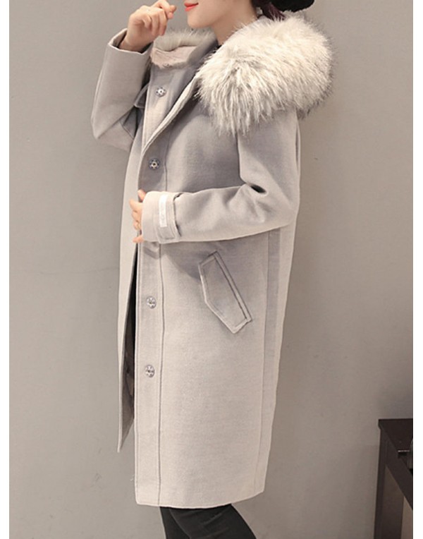 Elegant Women Faux Fur Hooded Thicken Woolen Mid-long Coats