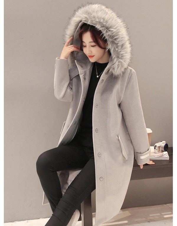 Elegant Women Faux Fur Hooded Thicken Woolen Mid-long Coats