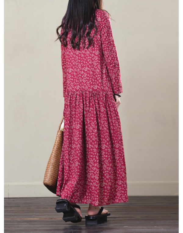 Vintage Women Full Sleeve Floral Printed Maxi Dress