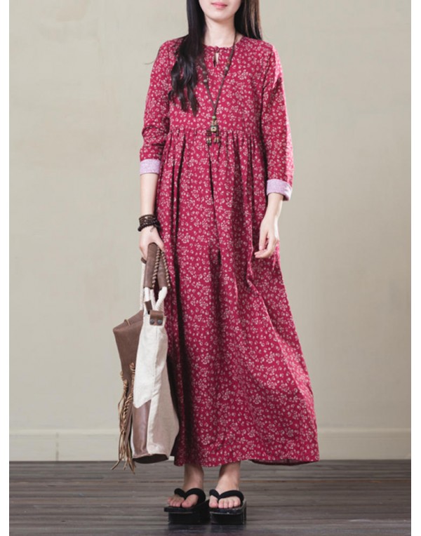 Vintage Women Full Sleeve Floral Printed Maxi Dress