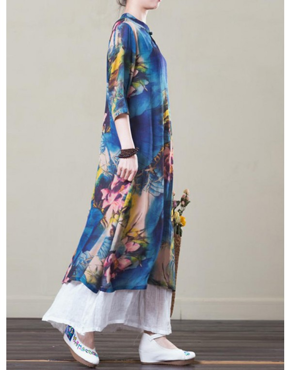 Vintage Women Floral Printed Half Sleeve Layered Maxi Dress