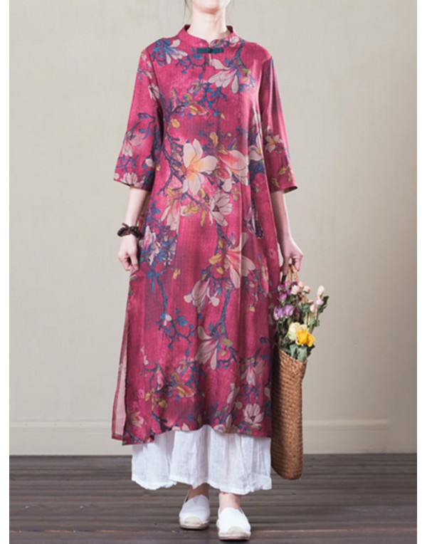 Vintage Women Floral Printed Half Sleeve Layered Maxi Dress