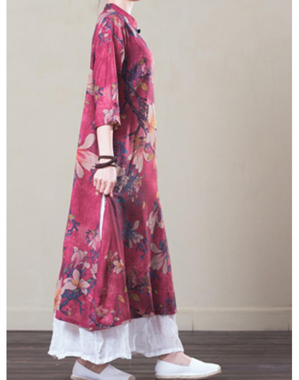 Vintage Women Floral Printed Half Sleeve Layered Maxi Dress