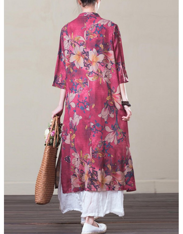 Vintage Women Floral Printed Half Sleeve Layered Maxi Dress