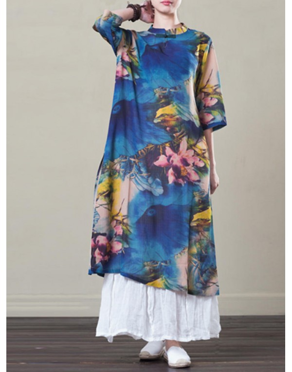 Vintage Women Floral Printed Half Sleeve Layered Maxi Dress