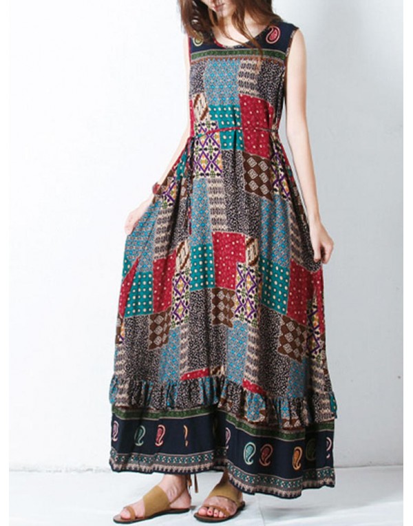 Bohemian Women Sleeveless O-Neck Printed Maxi Tank...