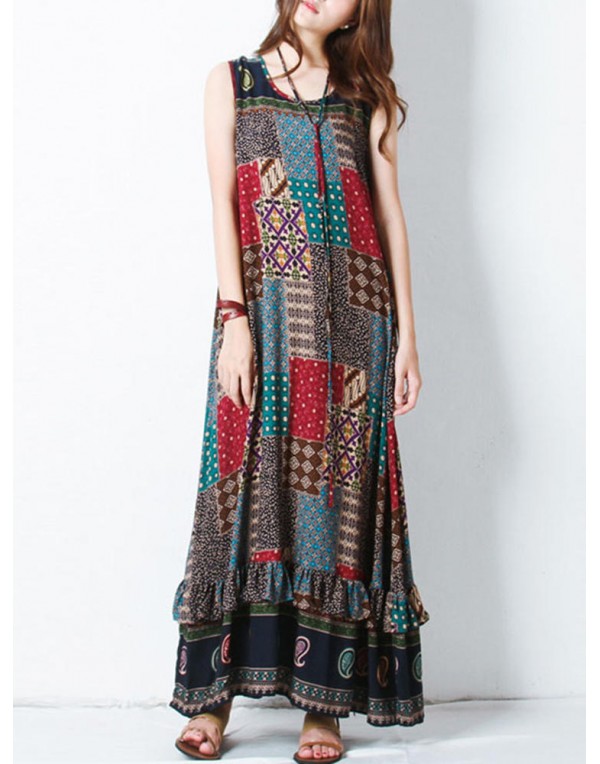 Bohemian Women Sleeveless O-Neck Printed Maxi Tank Dress