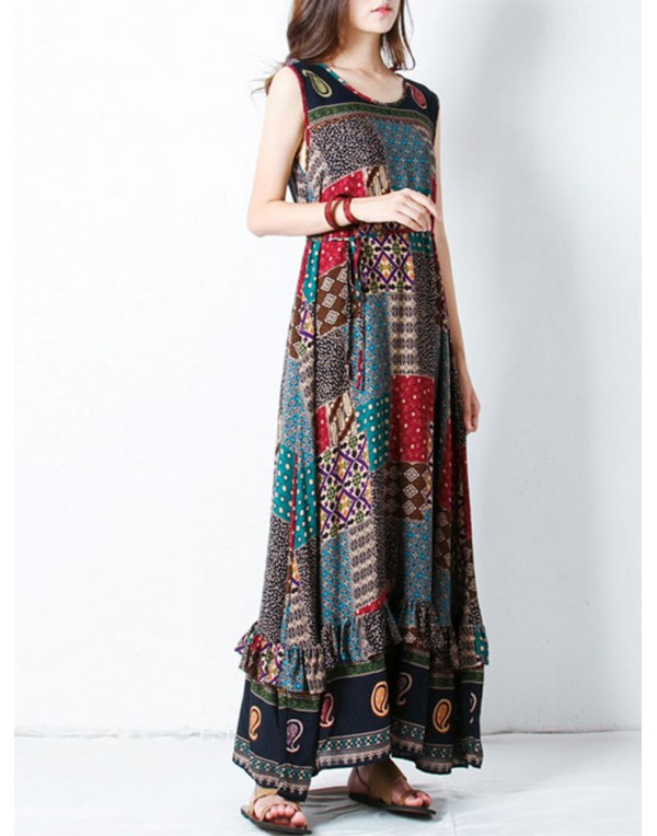 Bohemian Women Sleeveless O-Neck Printed Maxi Tank Dress