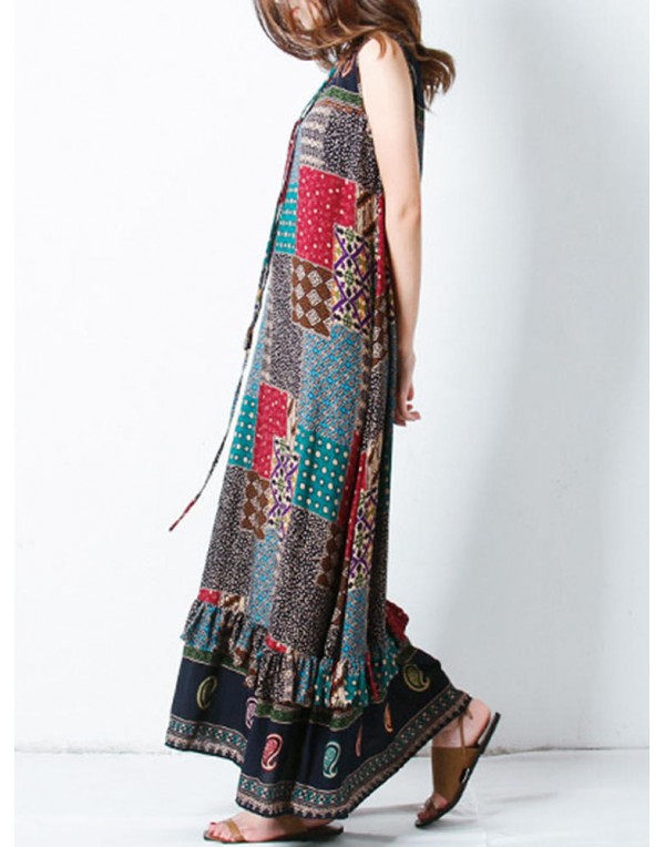 Bohemian Women Sleeveless O-Neck Printed Maxi Tank Dress