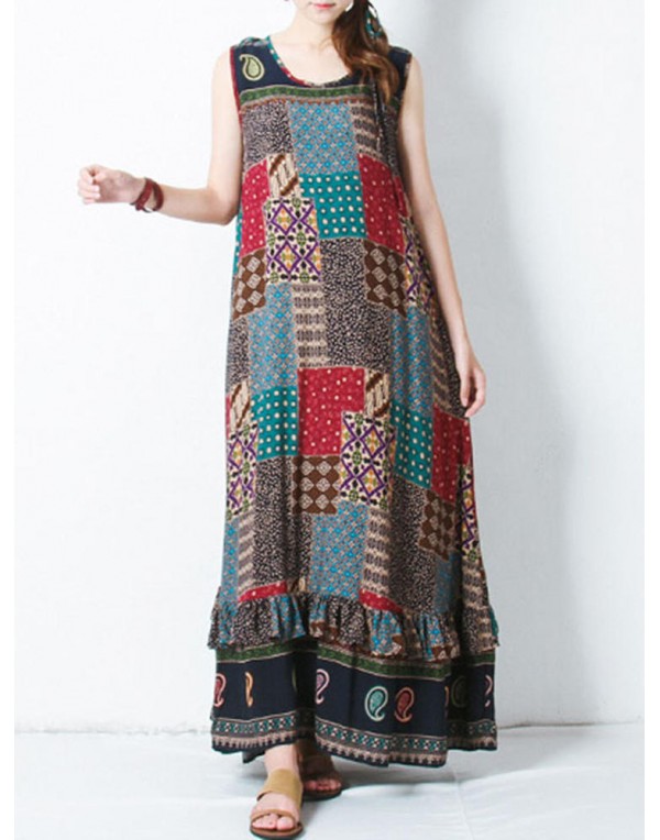 Bohemian Women Sleeveless O-Neck Printed Maxi Tank Dress