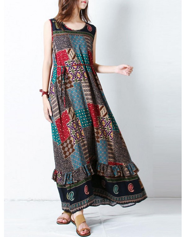 Bohemian Women Sleeveless O-Neck Printed Maxi Tank Dress