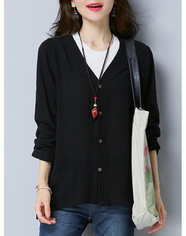 Vintage Women V-Neck Solid Color Button Pocket Lon...