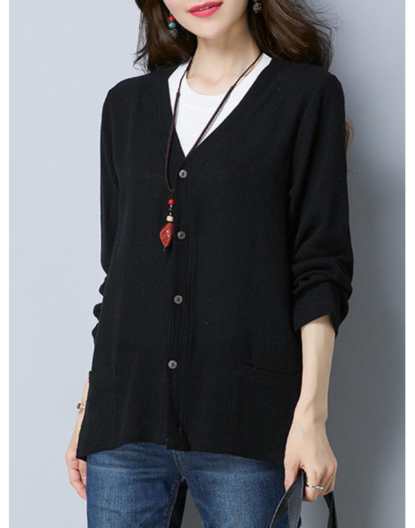 Vintage Women V-Neck Solid Color Button Pocket Long Sleeve Cardigan Shirt