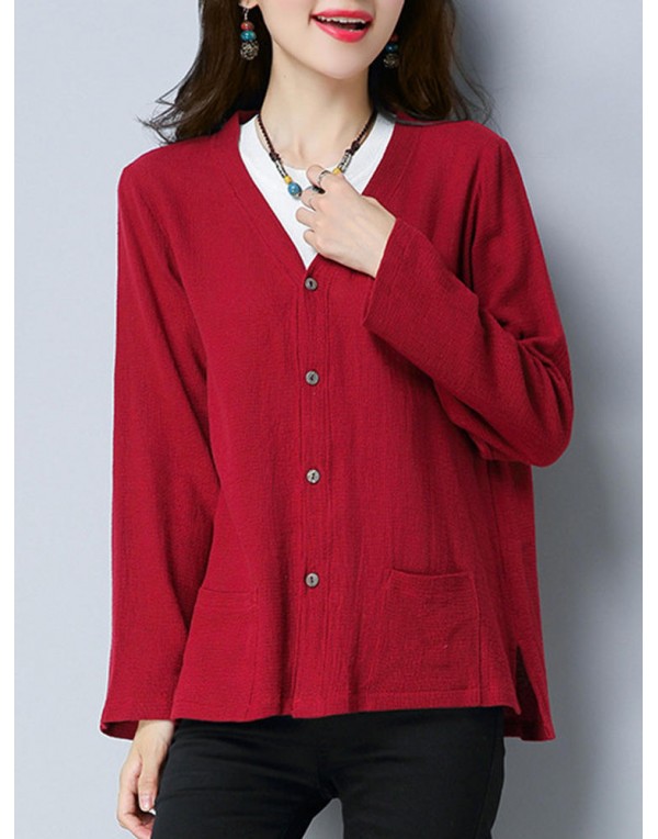 Vintage Women V-Neck Solid Color Button Pocket Long Sleeve Cardigan Shirt