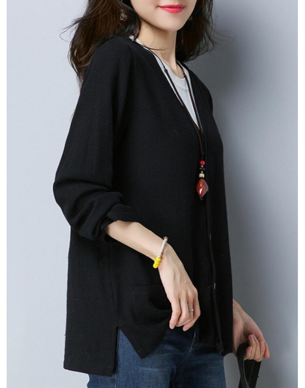 Vintage Women V-Neck Solid Color Button Pocket Long Sleeve Cardigan Shirt