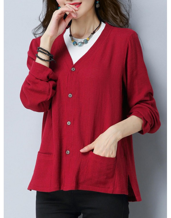 Vintage Women V-Neck Solid Color Button Pocket Long Sleeve Cardigan Shirt