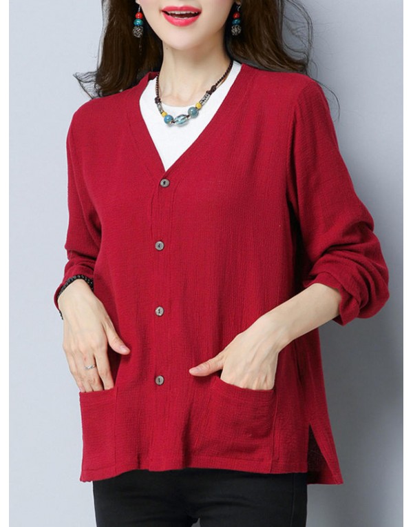 Vintage Women V-Neck Solid Color Button Pocket Long Sleeve Cardigan Shirt