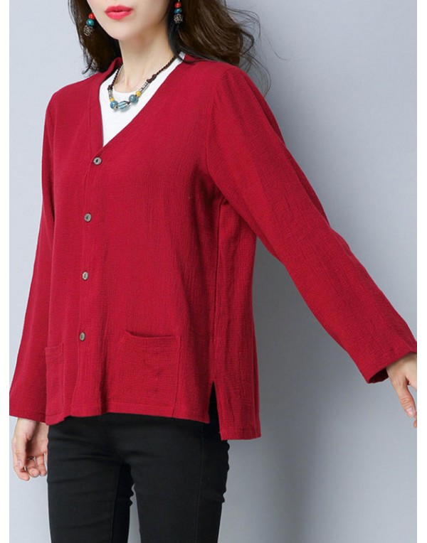 Vintage Women V-Neck Solid Color Button Pocket Long Sleeve Cardigan Shirt