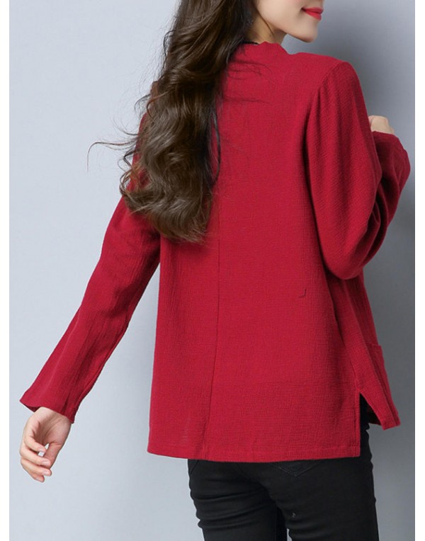 Vintage Women V-Neck Solid Color Button Pocket Long Sleeve Cardigan Shirt