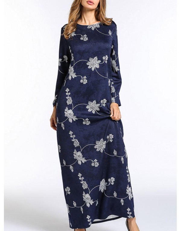 Floral Printed Long Sleeve Pocket Women O-Neck Maxi Dress