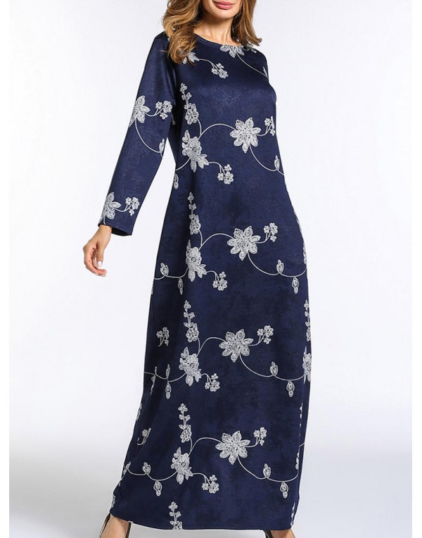 Floral Printed Long Sleeve Pocket Women O-Neck Maxi Dress