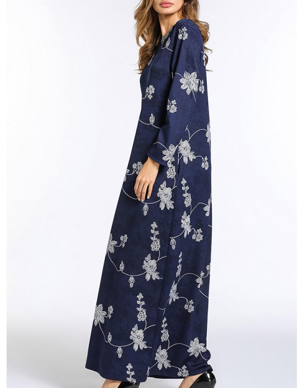 Floral Printed Long Sleeve Pocket Women O-Neck Maxi Dress