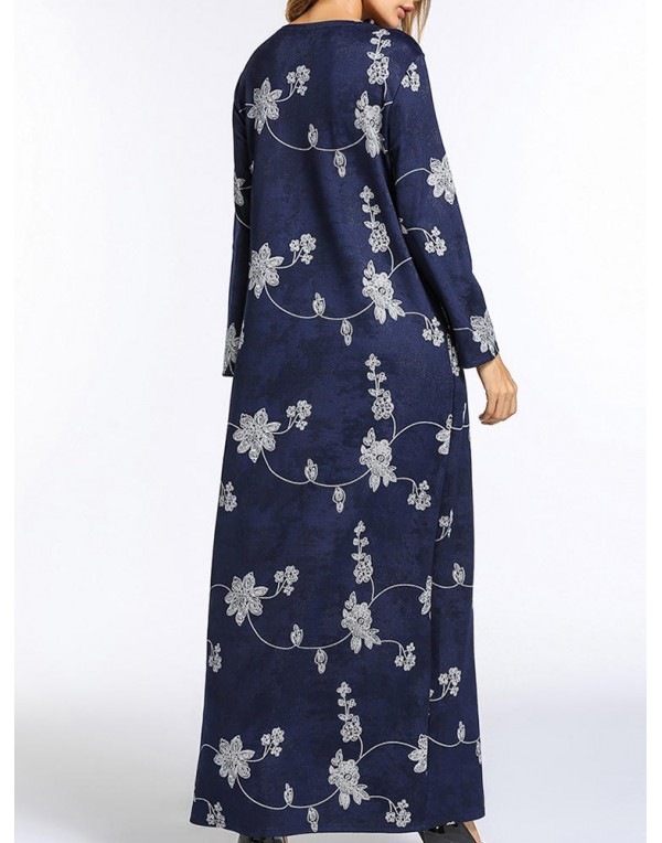 Floral Printed Long Sleeve Pocket Women O-Neck Maxi Dress