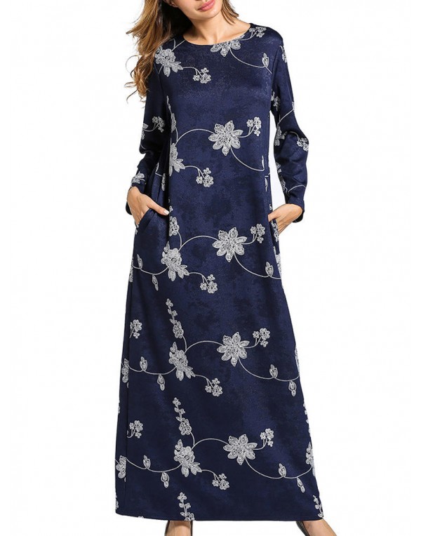 Floral Printed Long Sleeve Pocket Women O-Neck Maxi Dress