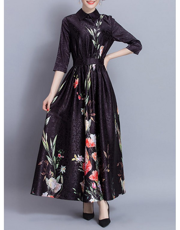 Elegant Women Floral Printed High Waist Vintage Maxi Swing Dress