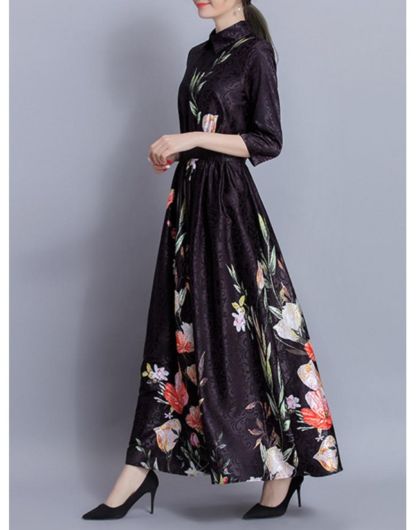 Elegant Women Floral Printed High Waist Vintage Maxi Swing Dress