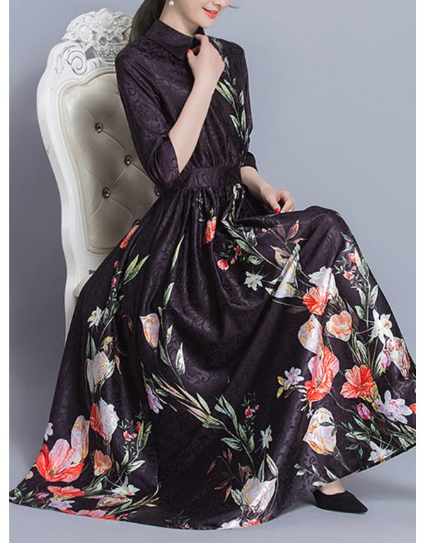 Elegant Women Floral Printed High Waist Vintage Maxi Swing Dress