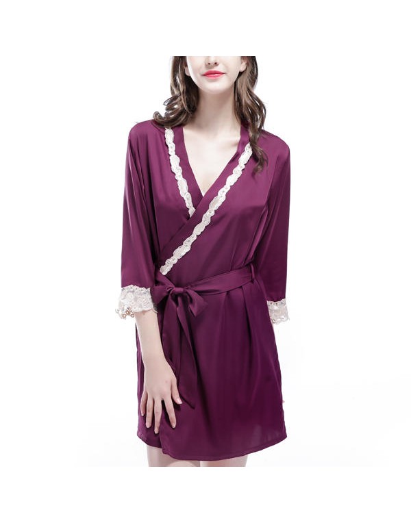 Silk Middle Sleeve Straps Lace-Trim Thin Sexy Sleepwear Nightgown