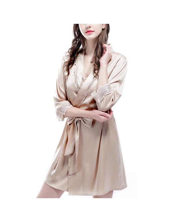 Silk Middle Sleeve Straps Lace-Trim Thin Sexy Sleepwear Nightgown