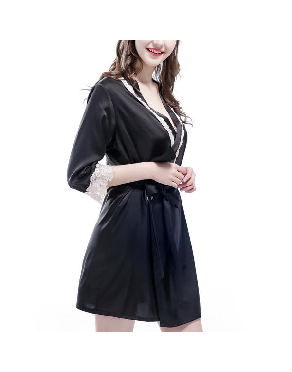 Silk Middle Sleeve Straps Lace-Trim Thin Sexy Sleepwear Nightgown